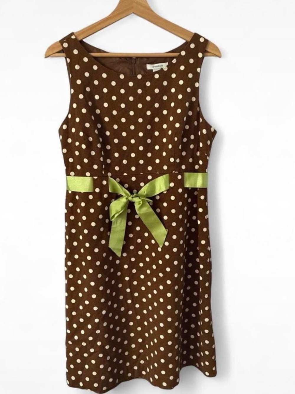 dressbarn Brown Polka Dot Midi Dress with Green Sash